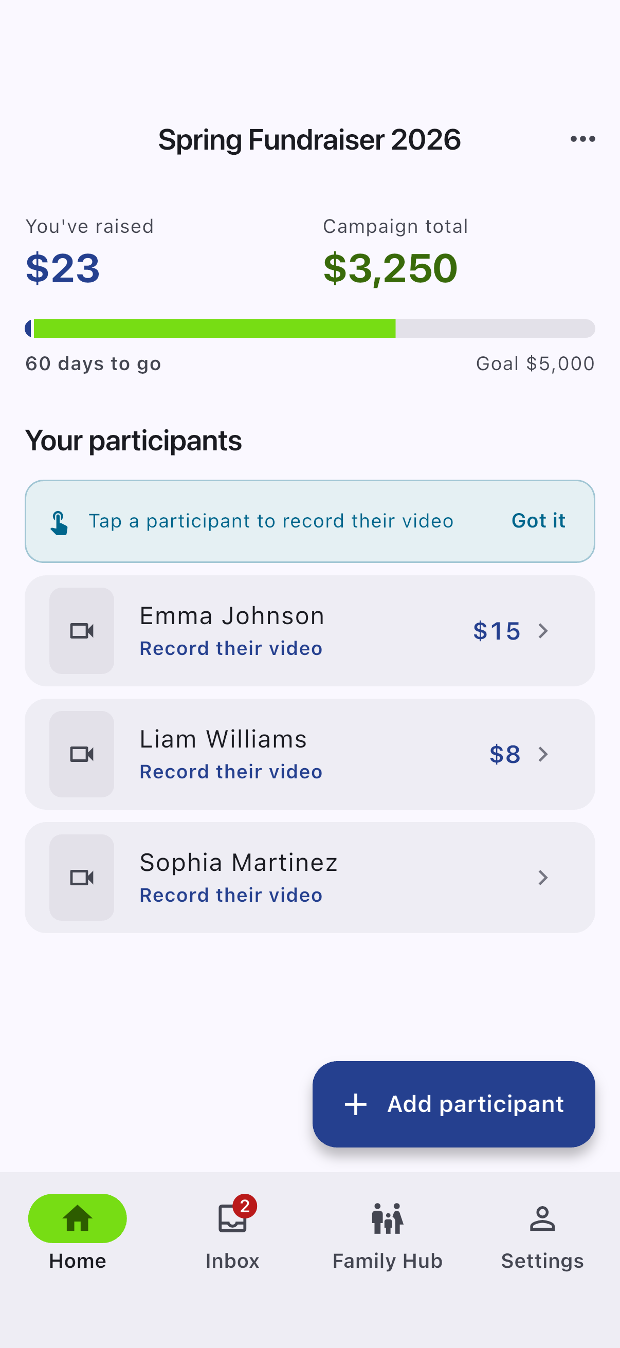Village app campaign home with participants