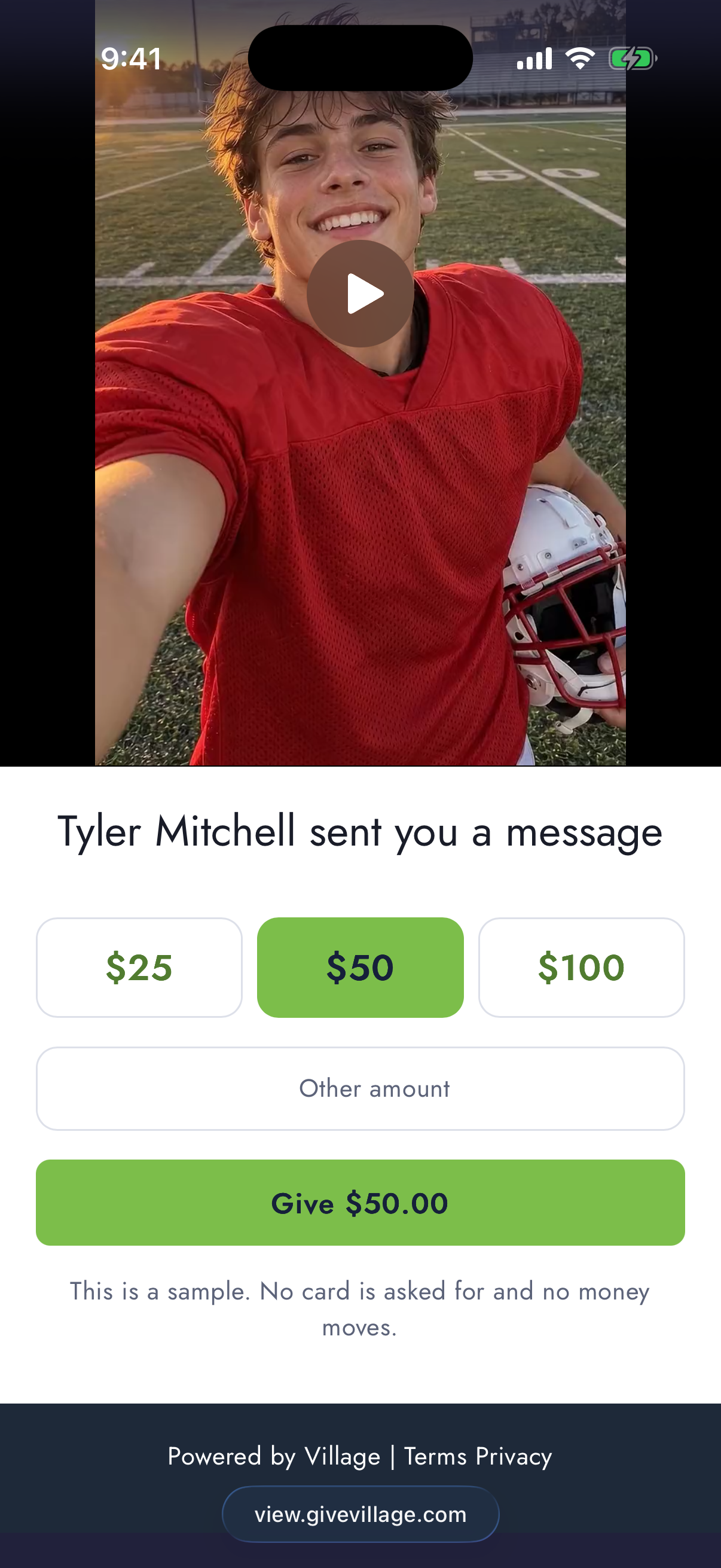 Village donor campaign page in mobile browser