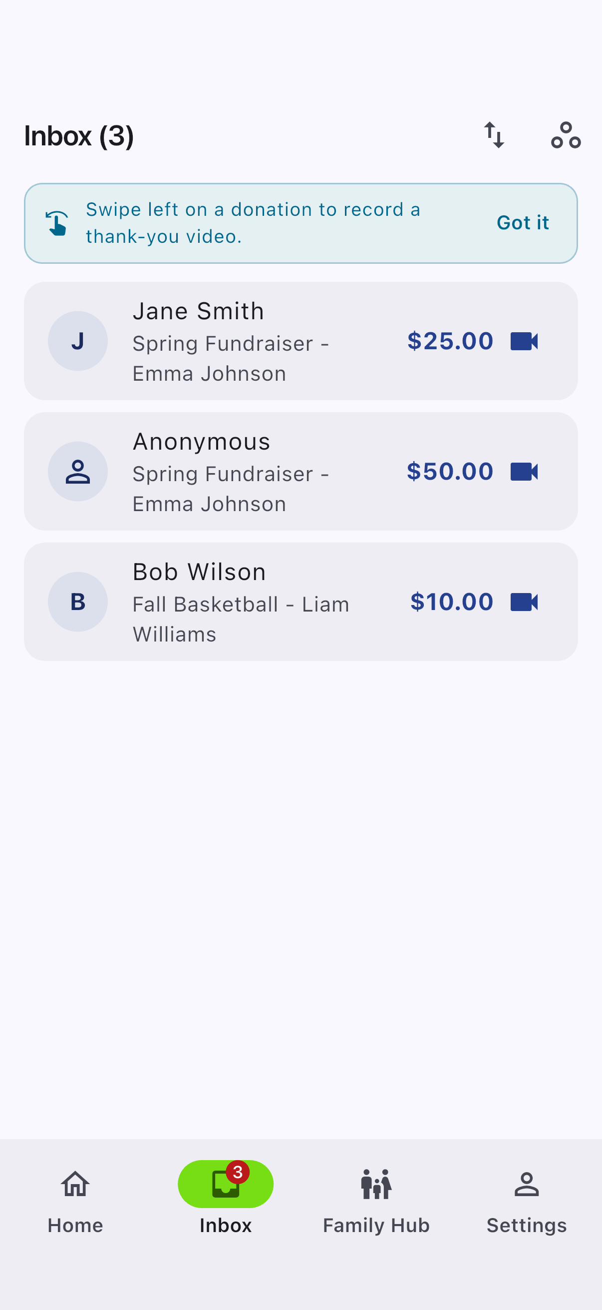 Village app inbox with donations and thank-you video prompt