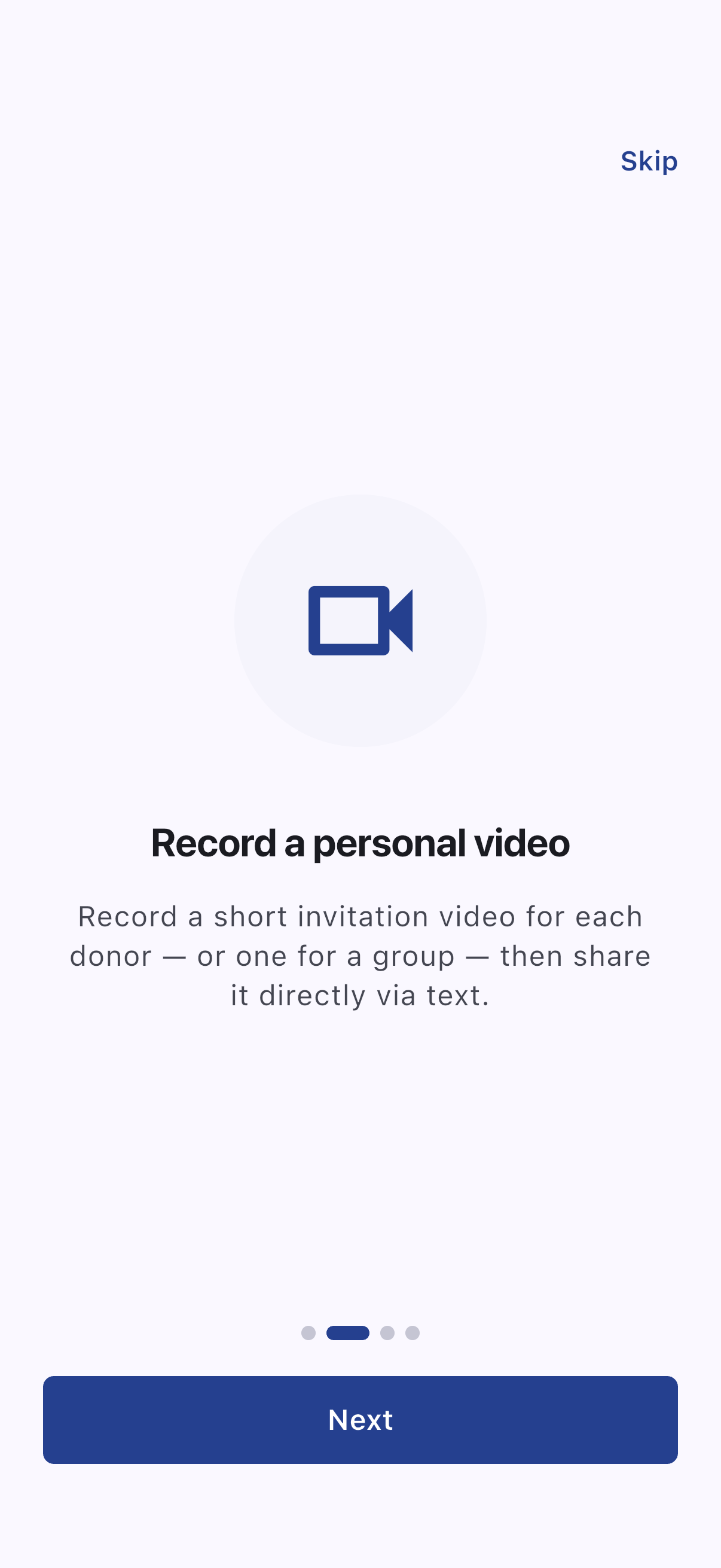 Village app screen: Record a personal video for each donor, then share it by text